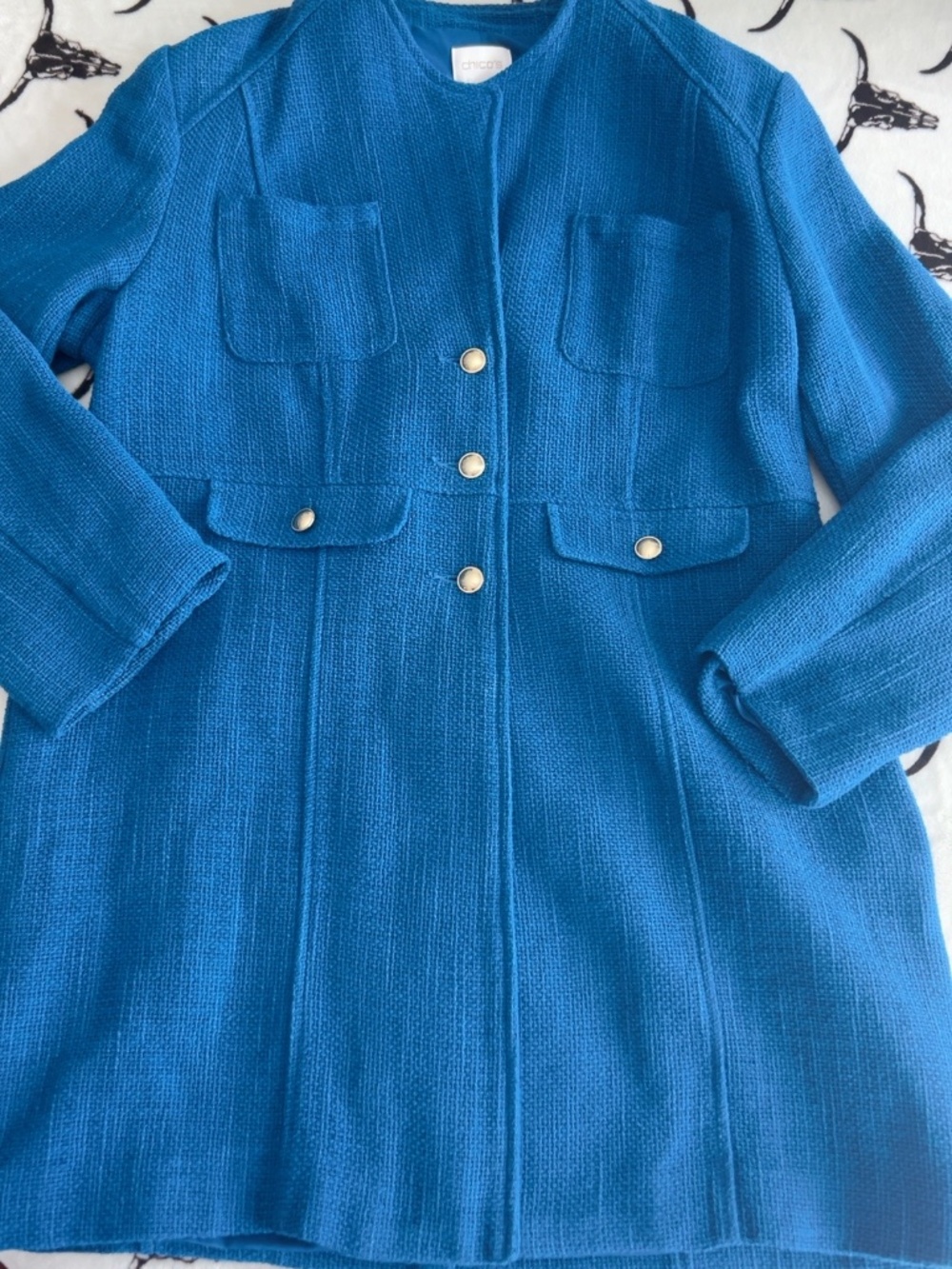Chico’s Size 2 Teal Blue Textured Long Jacket Gold Buttons